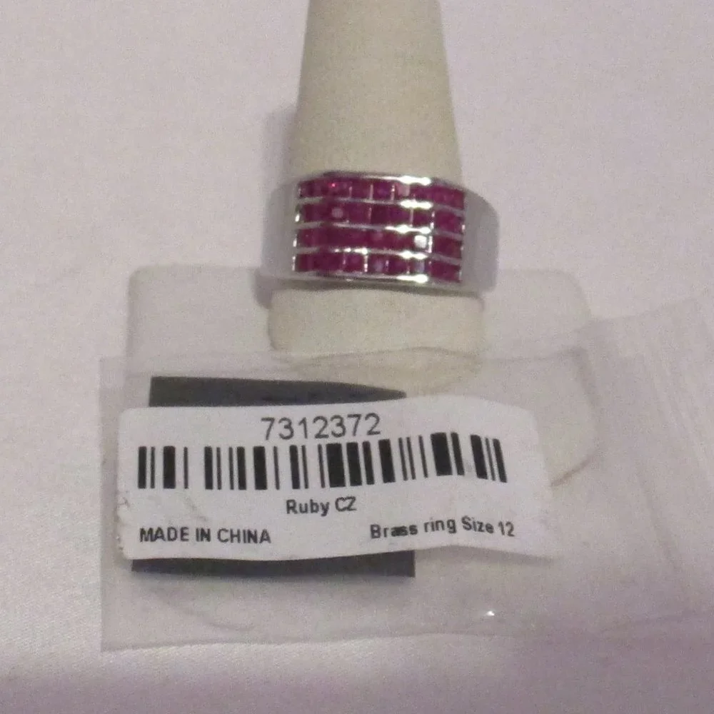 Simulated Ruby Color Diamond Men's Ring in Silvertone 2.50 ctw Size 12